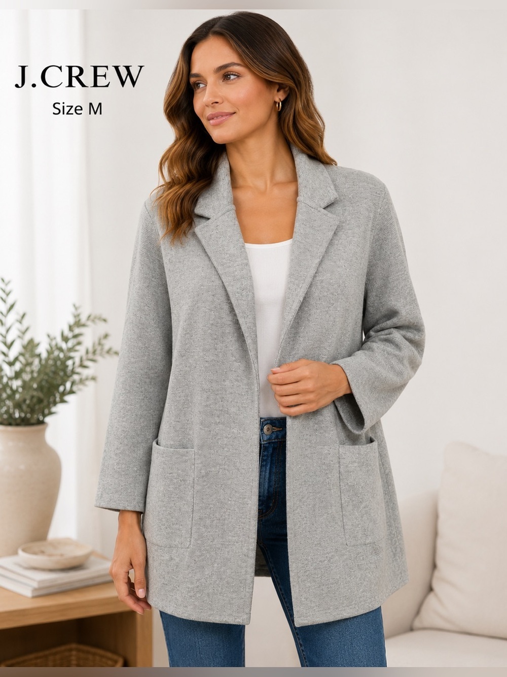 J.Crew Gray Open Front Merino Wool Blend Sweater Coat Cardigan Size M
